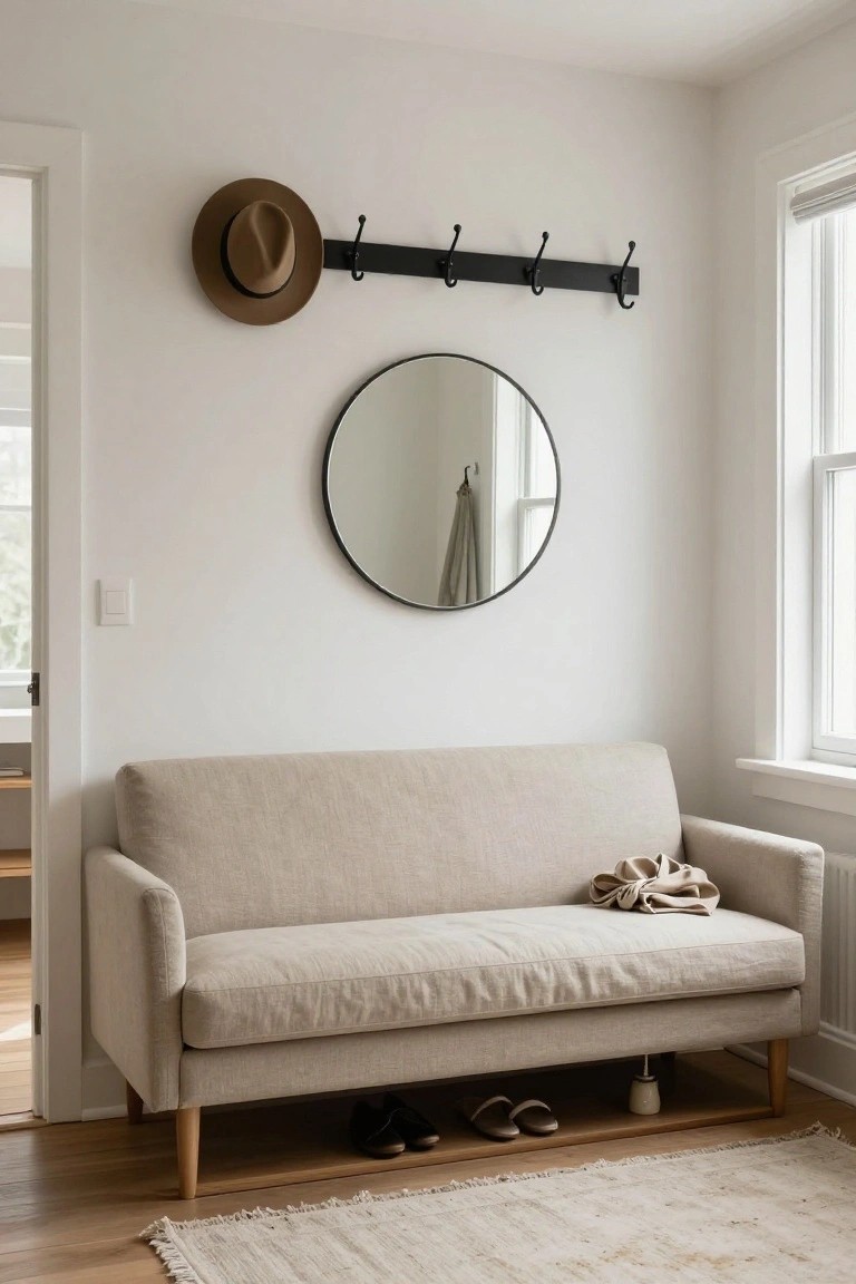Beige linen sofa on wooden legs with shoes stored underneath in a white-walled room, black coat rack with tan hat above, round mirror on wall, and open doorway nearby.