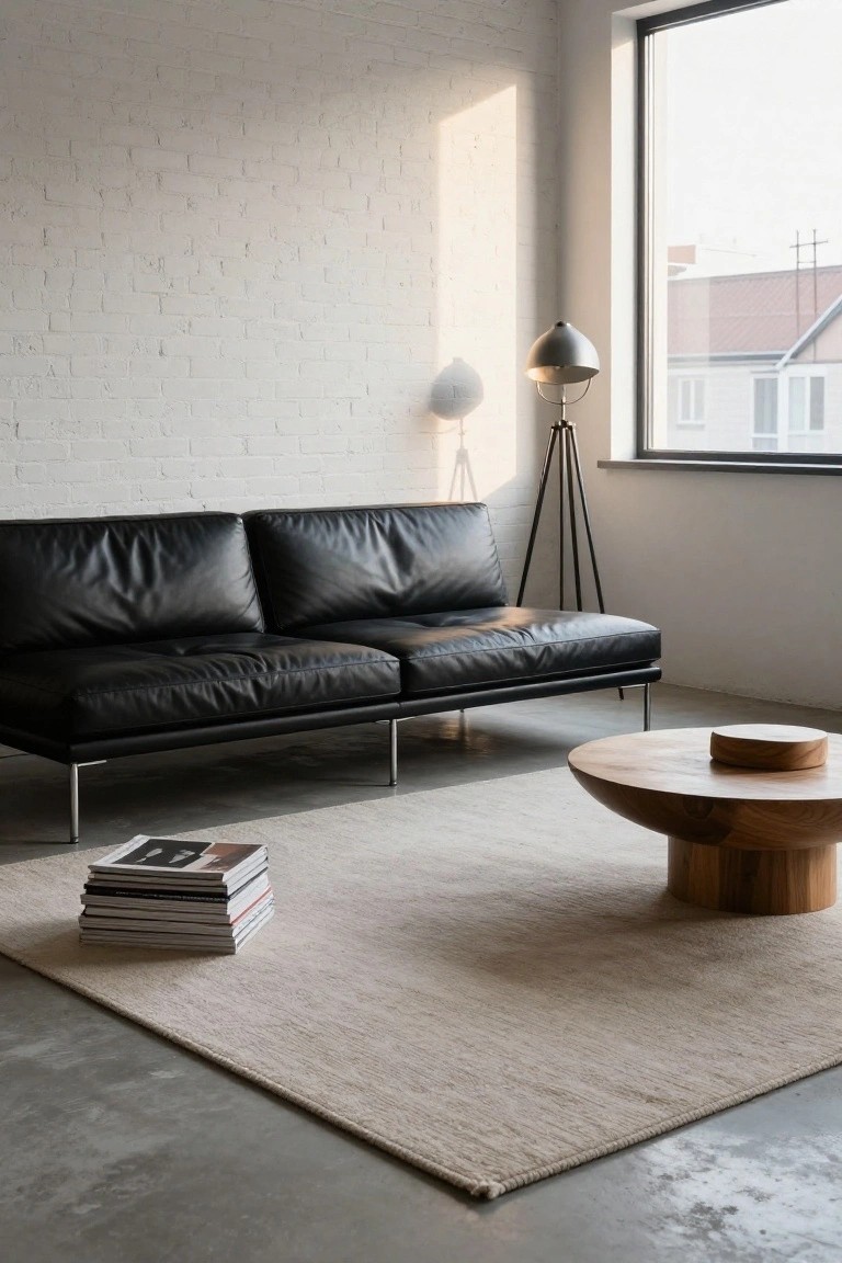 Black leather sofa with thin metal legs on a beige rug in a white brick-walled room with wooden coffee table, stack of magazines, tripod floor lamp, and large window.