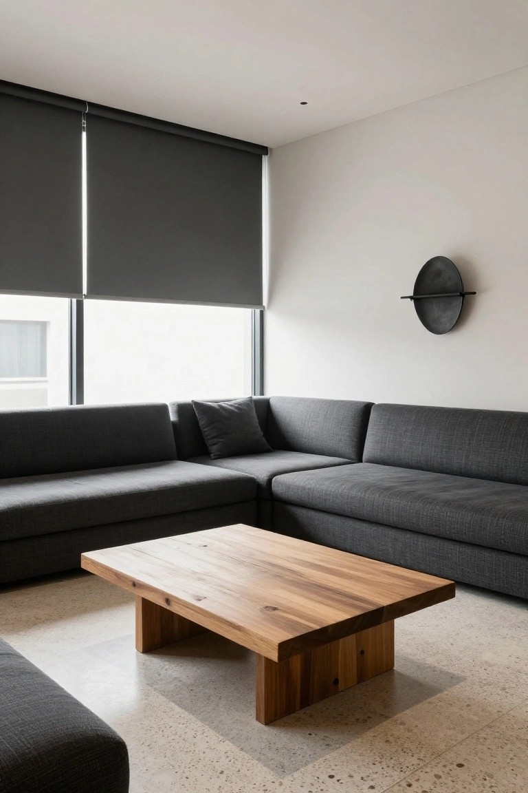 Modern minimalist living room with dark gray L-shaped low-profile sofa, rectangular wooden coffee table on terrazzo floor, gray roller blinds on large windows, and white walls.