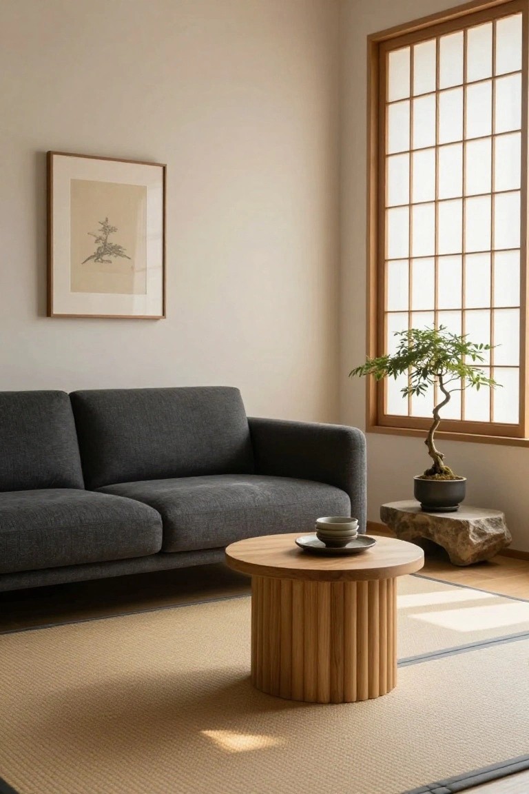 Gray low-profile sofa next to a fluted wooden drum coffee table holding a teacup, bonsai tree on a rock beside a shoji window in a minimalist room with tatami rug.