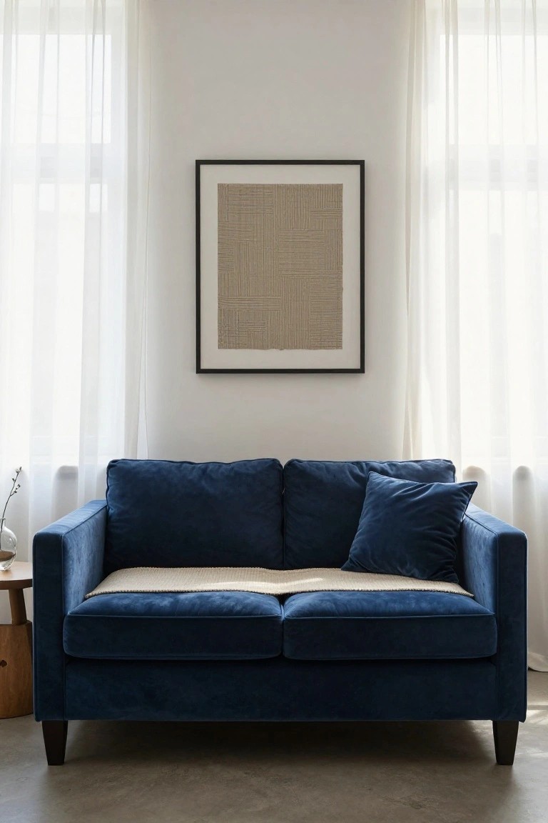 Navy blue velvet two-seater sofa with light beige throw blanket and matching pillows in a minimalist living room featuring sheer white curtains on large windows, a framed tan abstract artwork on the wall, and a small wooden side table with a glass vase beside it.