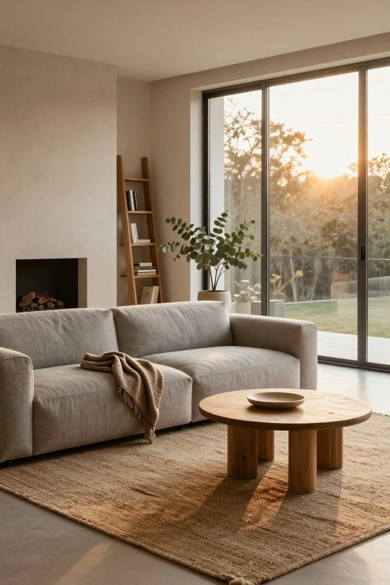 Light gray linen L-shaped sofa with beige knit throw on a seagrass rug in a minimalist living room, round wooden coffee table with ceramic plate, wooden ladder shelf with books and plants, fireplace, and large sliding glass doors to outdoor view at sunset.