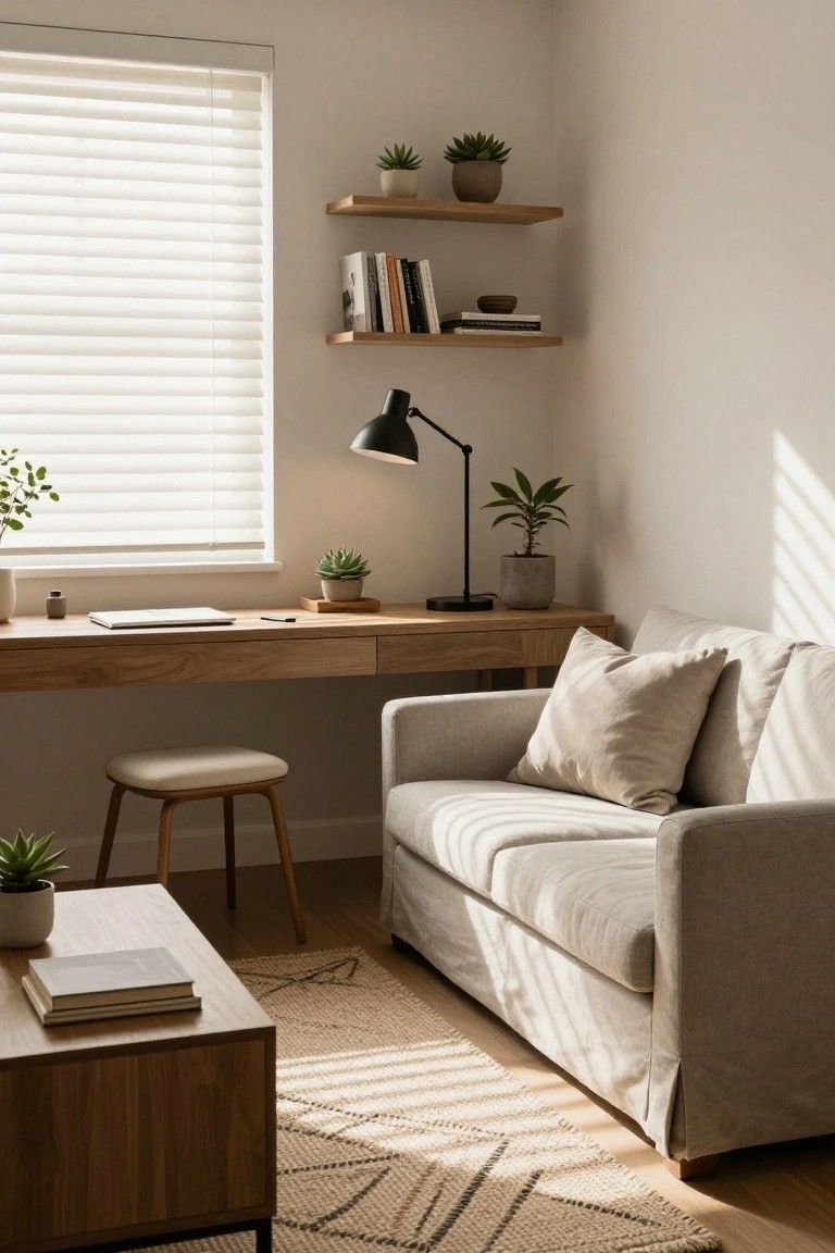 A light gray fabric sofa in a bright minimalist room corner next to a wooden desk with a laptop, stool, potted plants, floating shelves with books, and a wood coffee table on a rug.