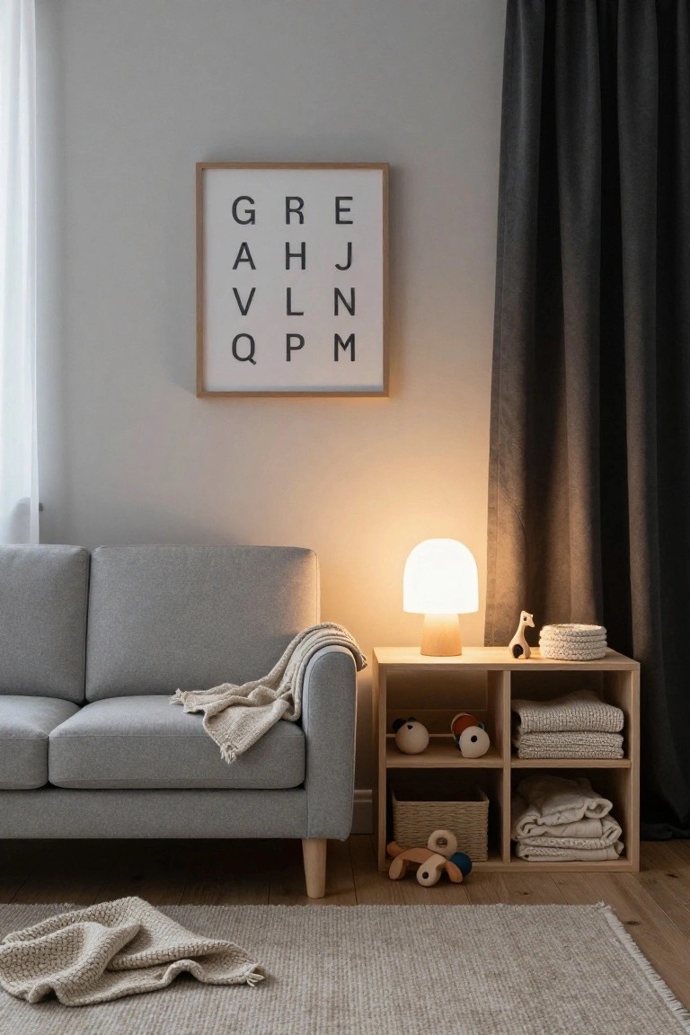 Gray two-seater sofa with beige throws on arm beside wooden side table holding white mushroom lamp, wooden toys, and baskets in neutral living room with light walls and rug.