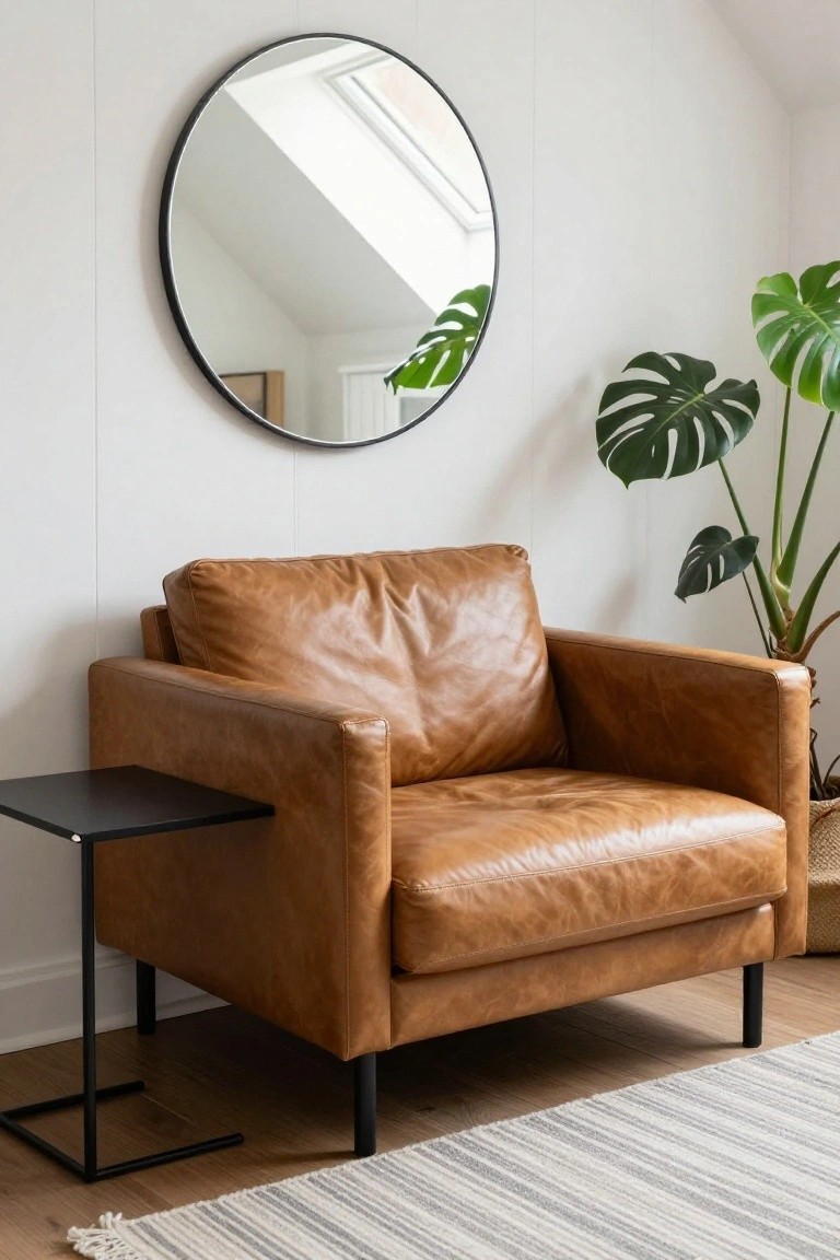 Tan leather armchair with a small black metal side table beside it in a white-walled room featuring a large round black-framed mirror, monstera plants, and a skylight.