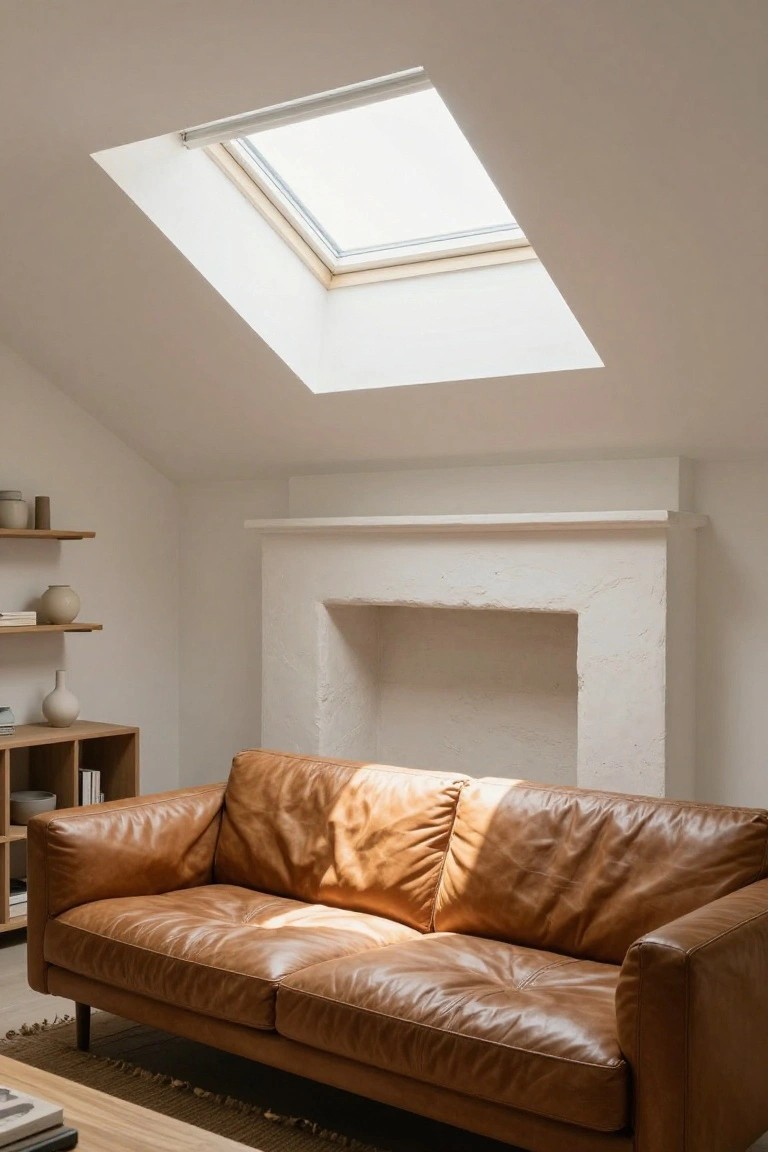 A tan leather three-seater sofa in a minimalist attic living room with white walls, exposed white brick fireplace, wooden floating shelves holding ceramic vases, hardwood floor with a woven rug, and a skylight in the slanted ceiling.