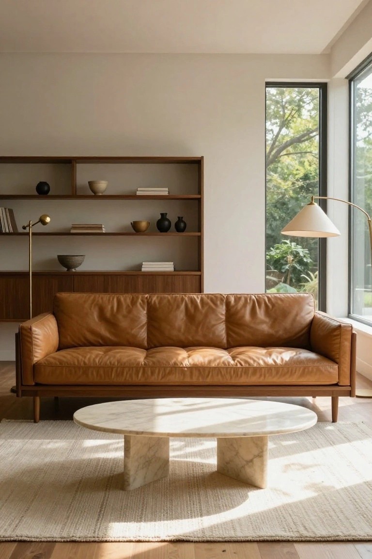 A minimalist living room with tan leather sofa, oval white marble coffee table on a light rug, wooden shelving unit with ceramics and books, arc floor lamp, and large window with view of trees and plants.