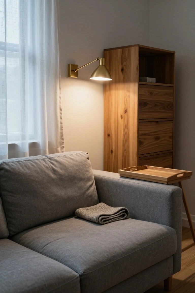 Light gray fabric sofa in a living room corner with a folded beige blanket on the seat, wooden tray table nearby, tall wooden cabinet, gold wall lamp lit, and sheer white curtains over a window.