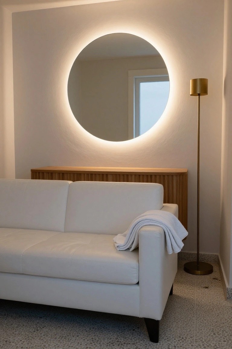 White leather sofa with a folded towel on the armrest positioned in front of a slatted wooden cabinet under a large round backlit wall mirror, next to a gold floor lamp on a pebble tile floor in a minimalist room.