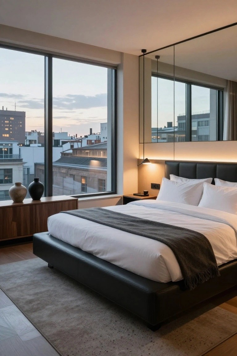 Modern bedroom featuring a low black leather platform bed with tufted headboard and LED lighting, beside a wooden nightstand with vases, large windows showing a city view, and a mirrored wall.