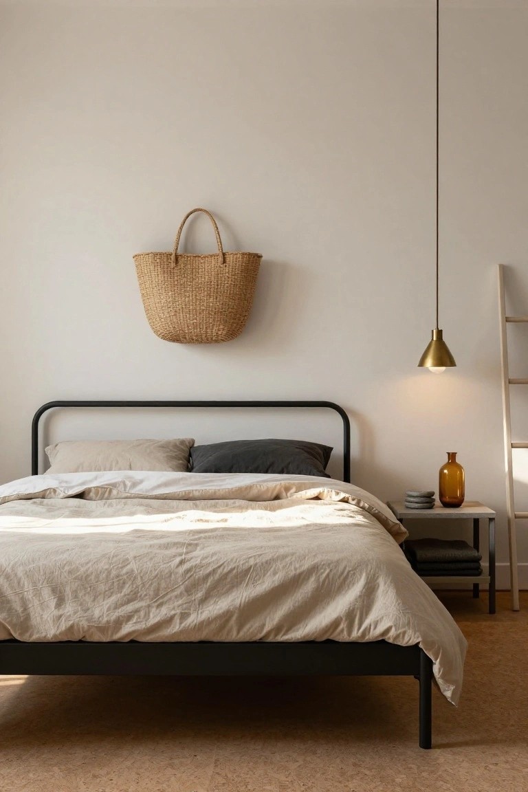 A bedroom with a black metal bed frame holding beige pillows and duvet, a nightstand with amber vase and stacked books, a hanging woven basket on the wall, brass pendant light, ladder shelf, and cork flooring.