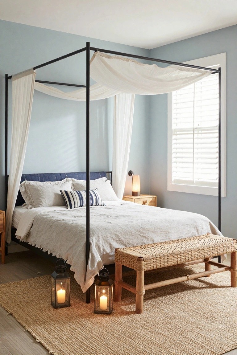 Canopy bed with white linens, woven bench, and lanterns on jute rug.