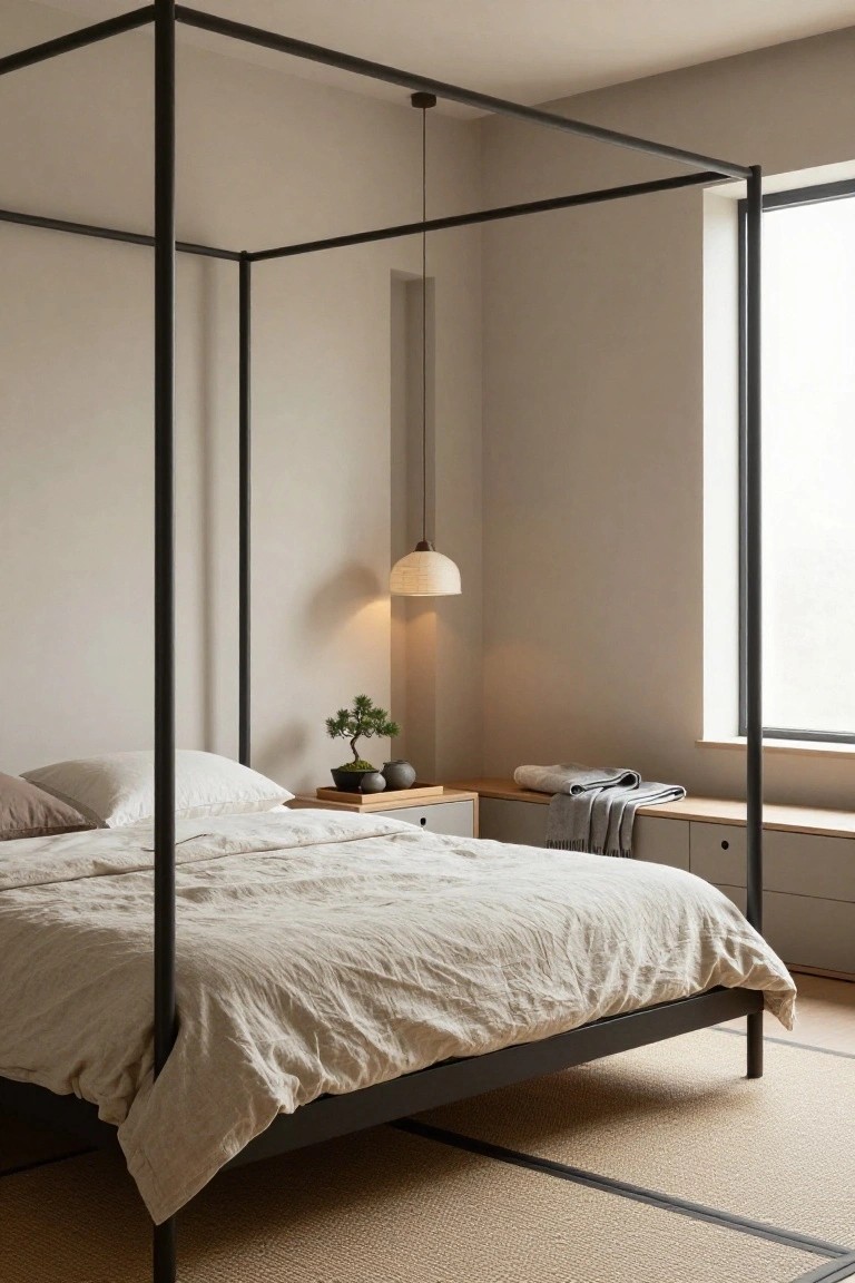 A minimalist bedroom with a black metal four-poster bed draped in beige linen bedding, a bonsai plant on a wooden nightstand, a window bench with gray throw blanket, soft pendant light, and tatami-style floor mat.