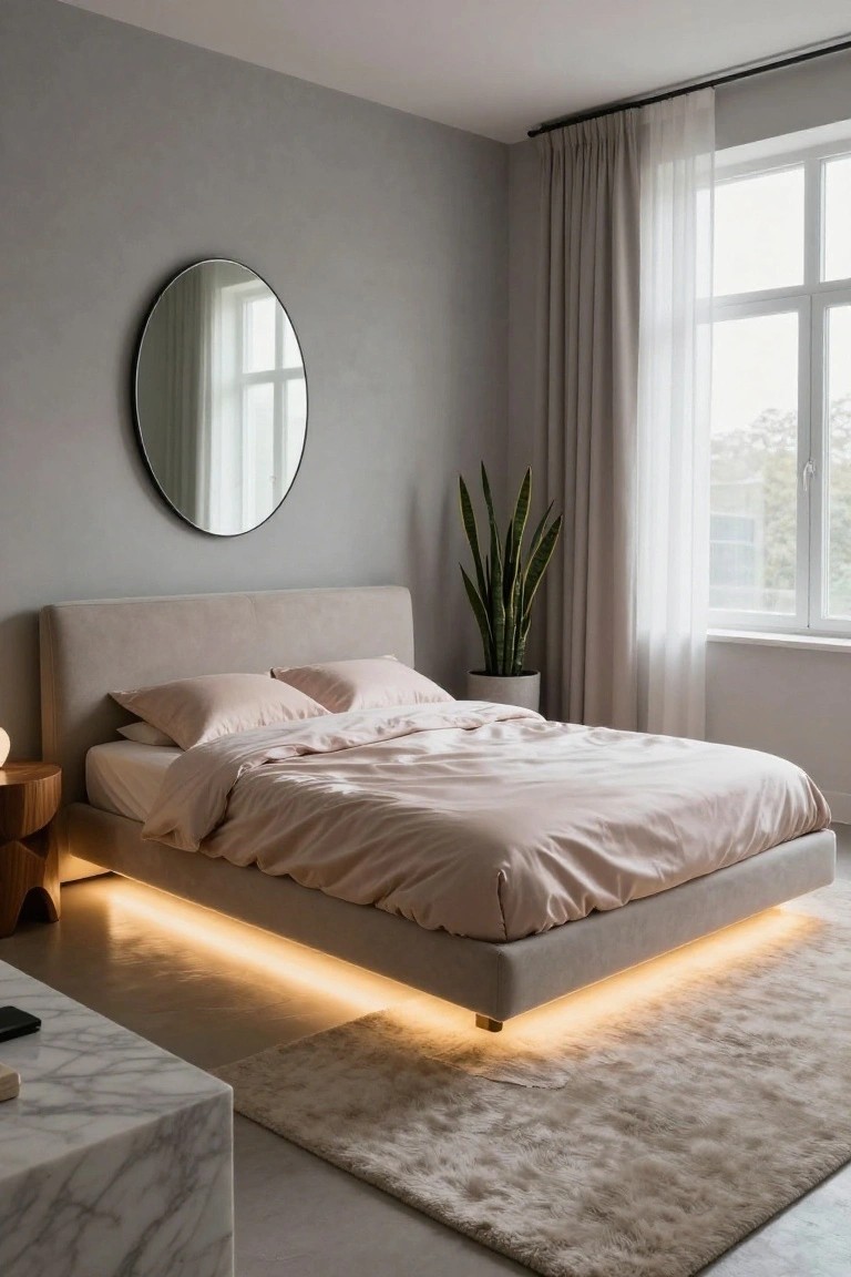 Modern bedroom with a low-profile upholstered bed frame featuring warm LED strip lighting underneath, paired with pink silk bedding, a round black mirror on a gray wall, snake plant in a pot, marble side table, and large window with sheer curtains.