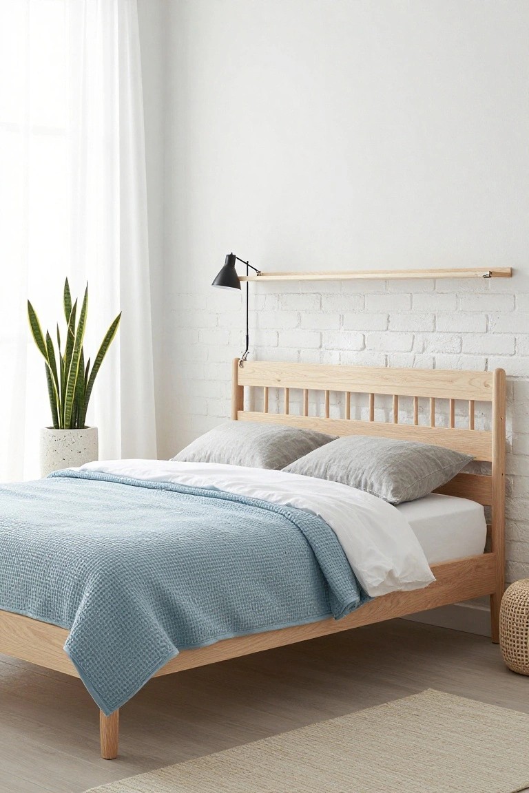 Wooden bed with blue blanket, gray pillows, and black wall lamp.