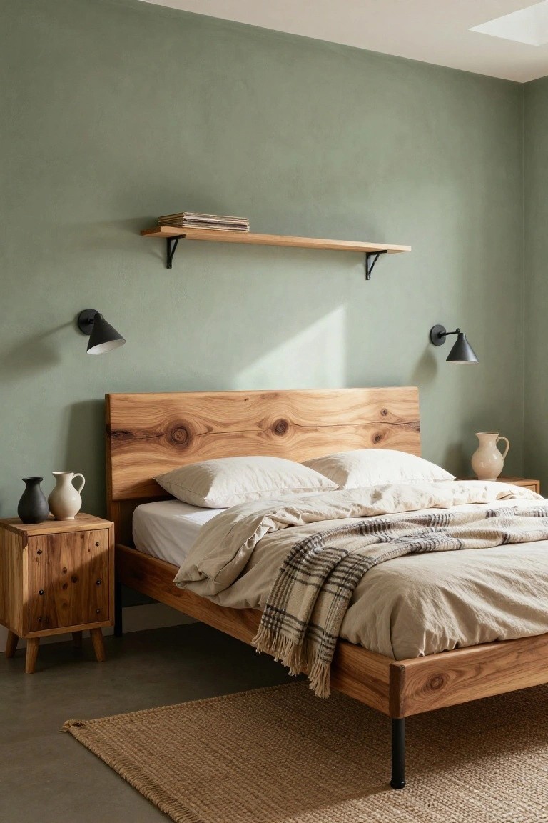 Bedroom with low wooden bed frame and live-edge headboard against sage green wall, wooden nightstand holding two ceramic pitchers, white bedding with plaid throw, black sconce lights, beige rug on concrete floor.