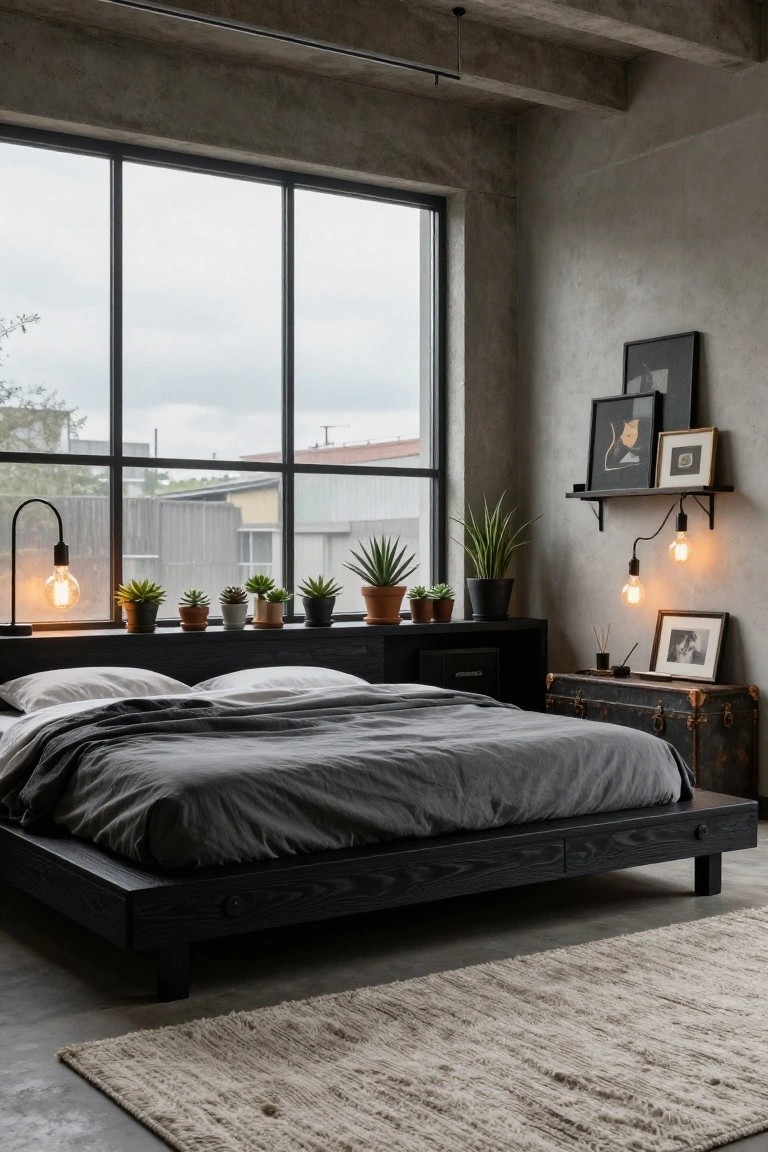 Industrial loft bedroom featuring a low black wooden platform bed with gray linens, concrete walls, large metal-framed windows, potted succulents on the windowsill, and a vintage trunk bedside table.