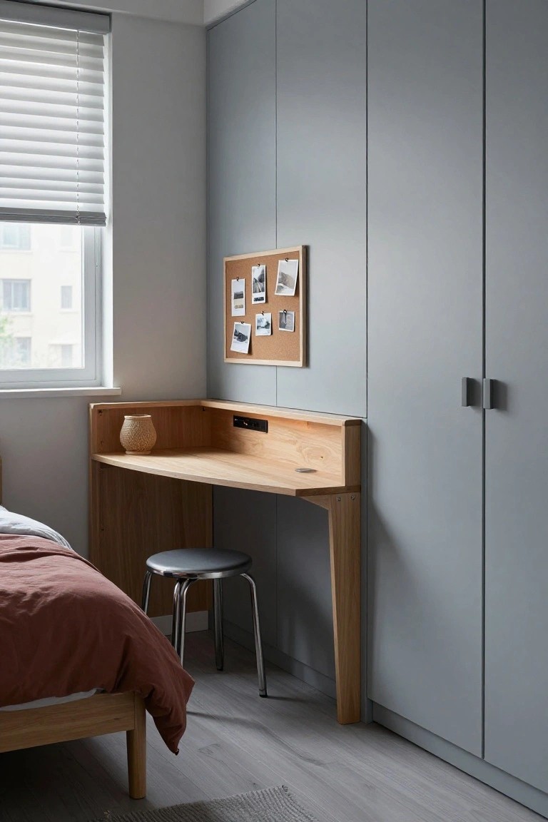 Corner bedroom featuring a low oak bed frame with rust duvet, wooden corner desk with power outlet, grey stools, woven vase, corkboard with photos, and tall grey wardrobes against light wood floor.