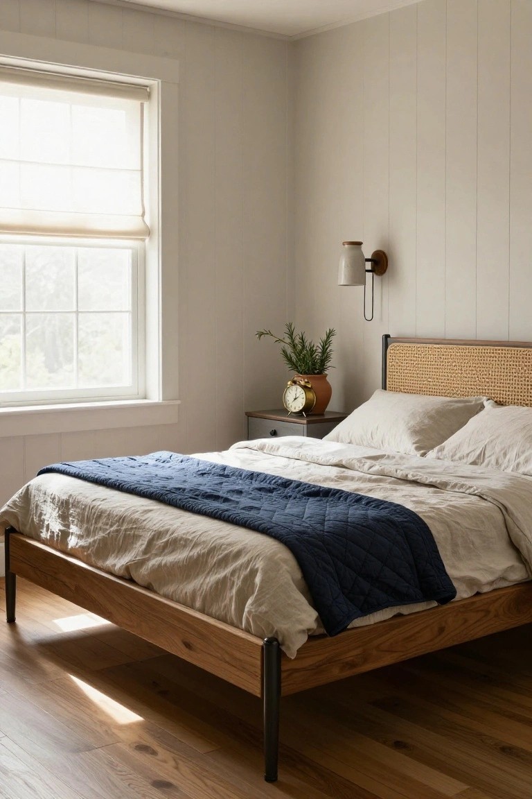 Bedroom interior with wooden bed frame on black metal legs and cane headboard, white linen bedding with blue quilt, wooden nightstand with plant and clock, beige shiplap walls, and window with sheer blinds.