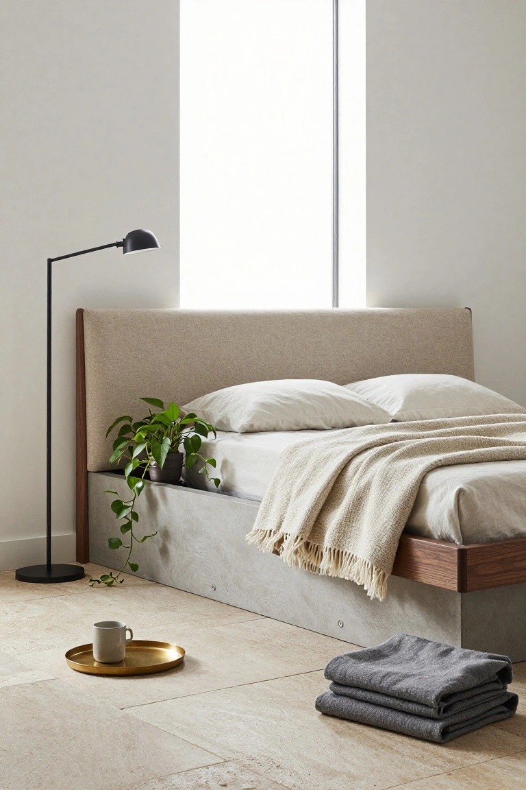 Low platform bed with beige fabric headboard and concrete base in a minimalist bedroom, accented by wood frame, neutral linens and throw, potted trailing plant, arc floor lamp, teacup on brass saucer, and folded gray towels on light tile floor.
