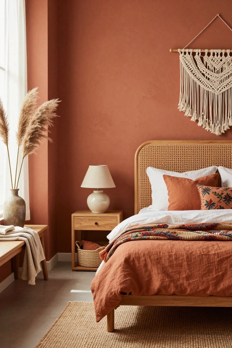 Bedroom with terracotta walls, rattan headboard bed on oak frame with orange linen bedding, wooden nightstand and lamp, pampas grass in vase near window, macrame wall hanging, woven basket, and bench.