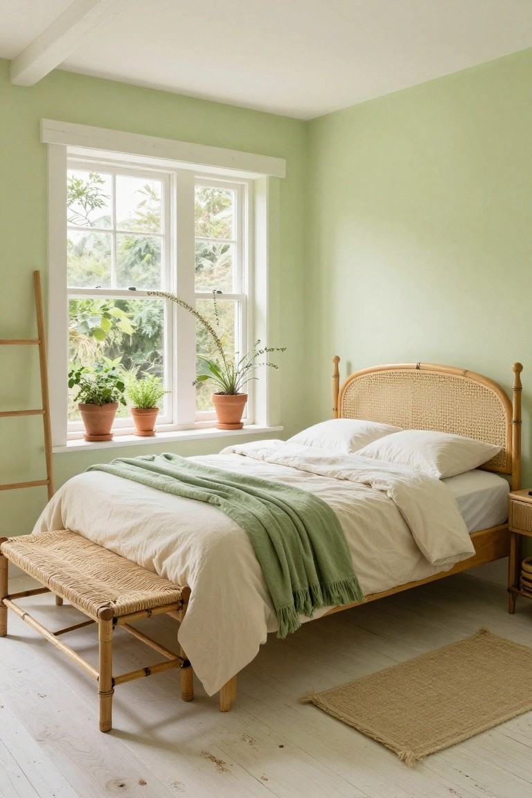 Bedroom with a bed featuring curved rattan headboard and footboard, white duvet and pillows, green throw blanket, seagrass bench, potted plants on windowsill with greenery outside, light green walls, and white wooden floor.