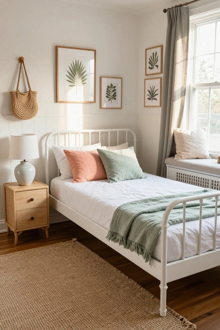 White metal twin bed frame with white sheets, peach and green pillows, and green throw in a light bedroom with wooden nightstand, lamp, botanical wall art, woven bag, gray curtains, and window seat.