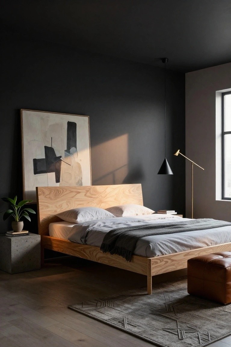 Bedroom interior with a light wood platform bed featuring an integrated headboard, white bedding, gray throw, concrete side table holding books and a potted plant, large abstract painting on dark wall, black pendant light, gold floor lamp, leather stool, and gray rug on wood floor.