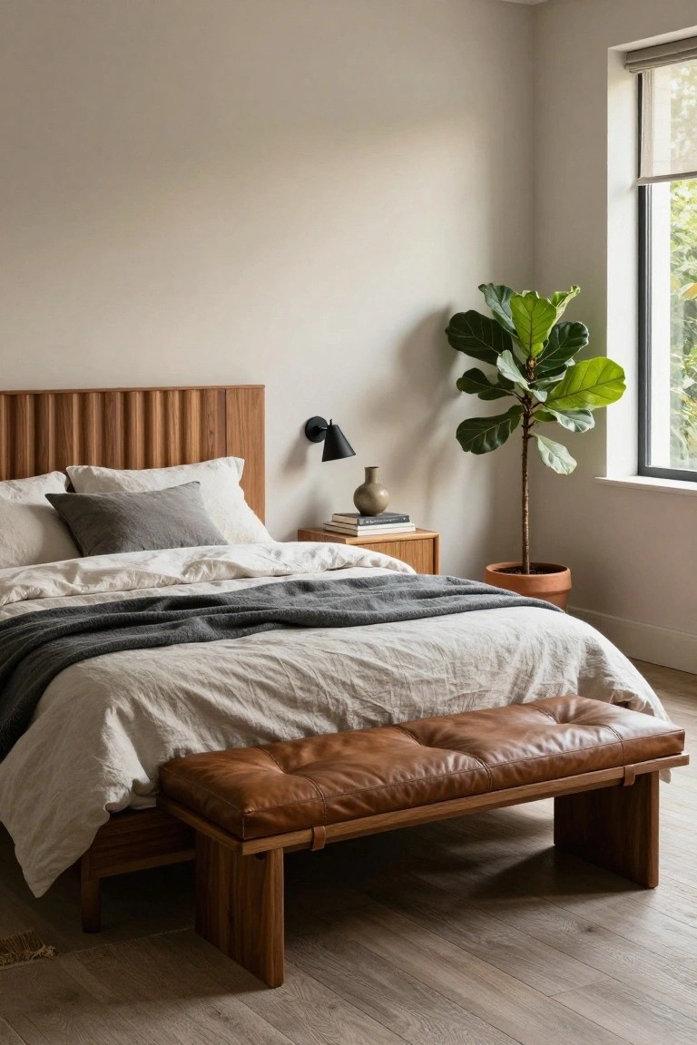 Minimalist bedroom with wooden bed, brown leather bench, and fiddle-leaf fig.