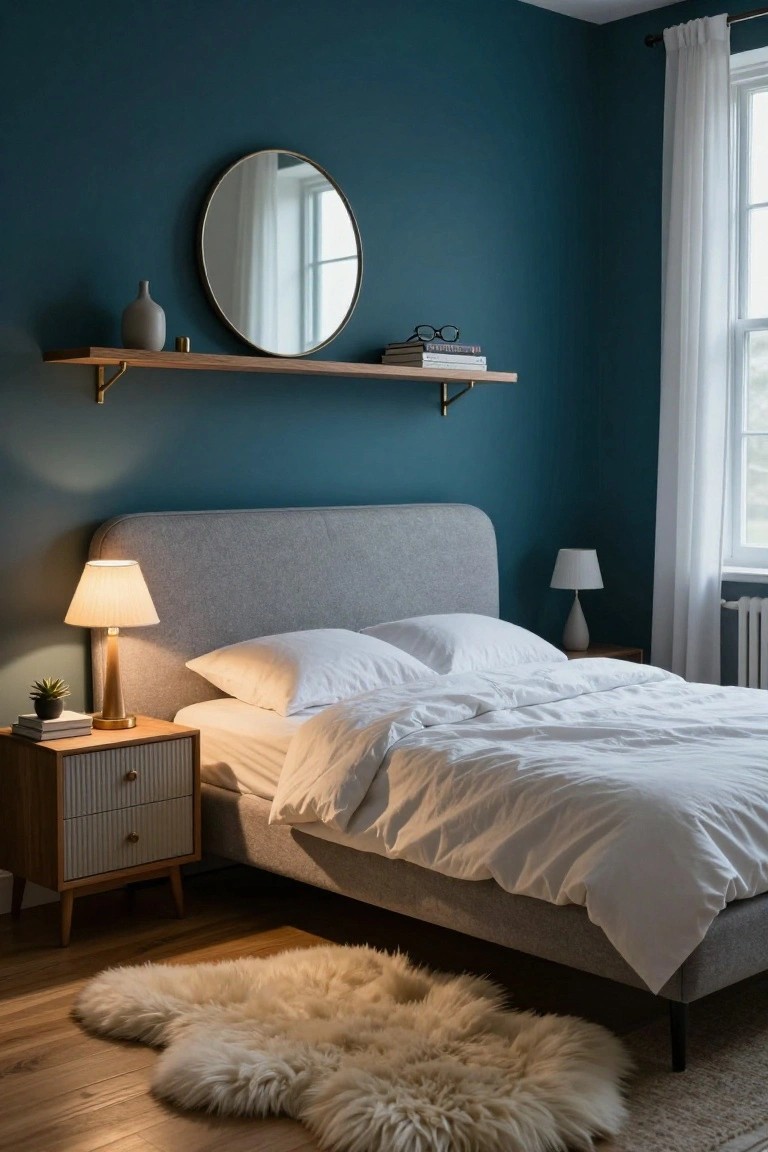Modern bedroom featuring a low-profile gray upholstered bed with white bedding and pillows, wood nightstand with lamp and plant, floating oak shelf with round mirror and vase above the bed, teal walls, white curtains on window, and sheepskin rug on hardwood floor.
