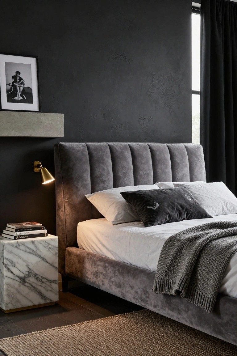 A bedroom with a gray velvet tufted headboard bed frame, white bedding and gray throw, marble nightstand holding stacked books, gold wall sconce lamp lit up, dark textured walls, black curtains on window, and seagrass rug.