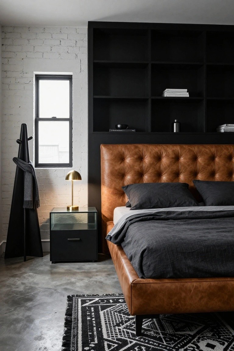 Bedroom interior featuring a low cognac tufted leather platform bed on concrete floor, flanked by glass nightstand with gold lamp, black shelving unit against white brick wall, black coat rack, and black-and-white patterned rug.