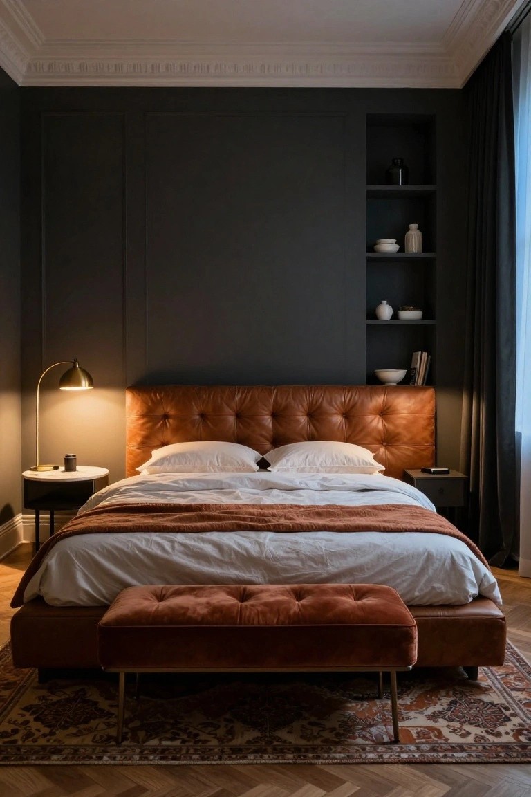 A bedroom with dark paneled walls, a low king bed featuring a tufted burnt orange leather headboard and frame, white bedding with an orange throw, matching orange velvet bench at the foot, gold arc lamp on a side table, built-in shelves, black curtains, and hardwood floors with a patterned rug.