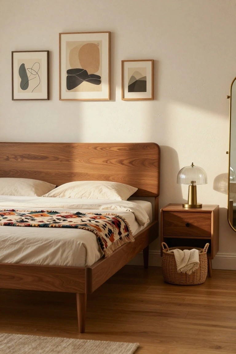 Bedroom interior with wooden bed frame featuring tall headboard and tapered legs, white bedding with multicolored throw, wooden nightstand holding brass lamp, abstract art on walls, and round mirror nearby.