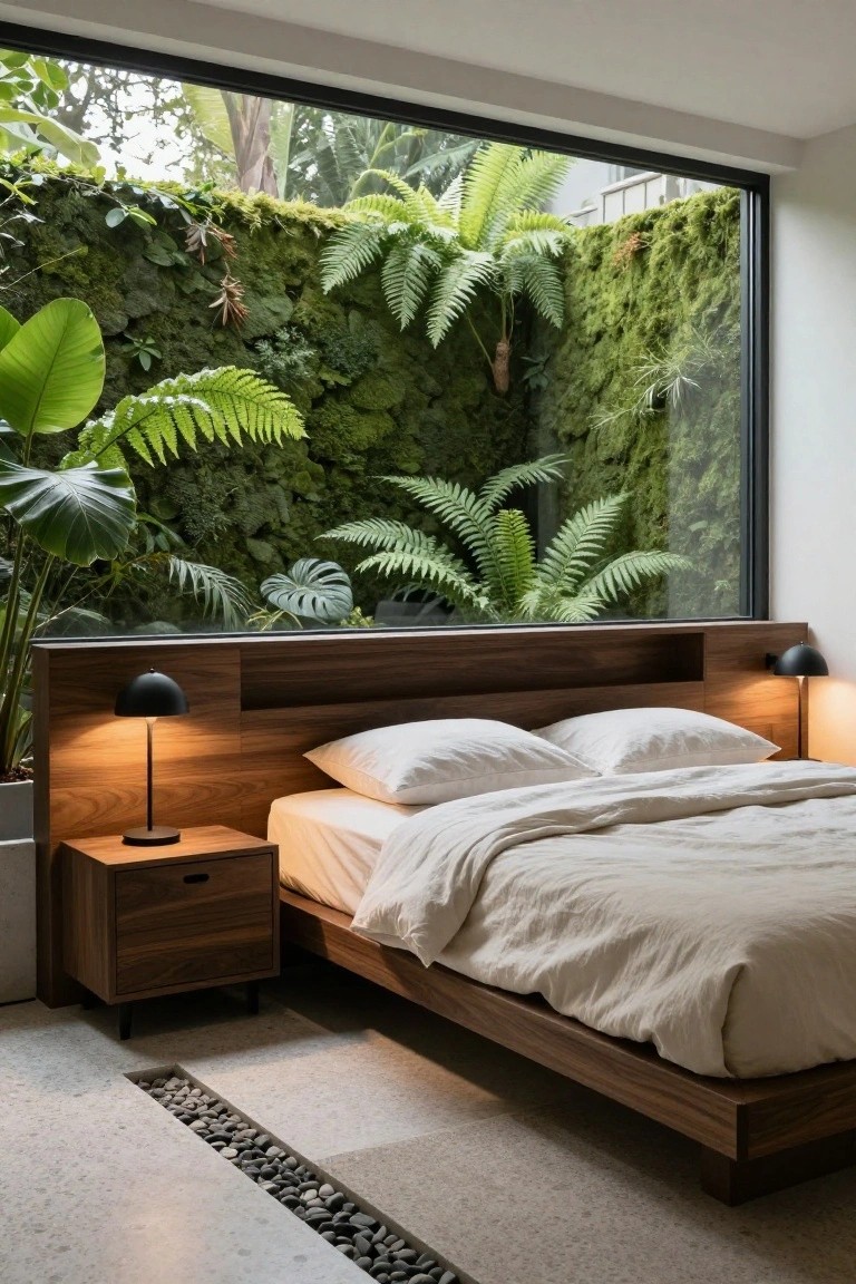 Bedroom with low wooden platform bed, integrated walnut headboard with black lamps, matching nightstand, white linens, and large window showing lush green plant wall.