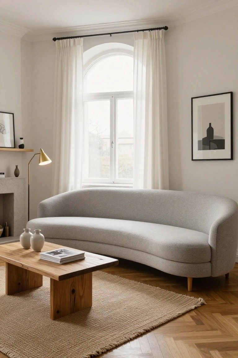Light grey curved sofa in a minimalist living room with wooden coffee table, beige rug on herringbone wood floor, arched window with sheer white curtains, gold floor lamp, and neutral wall art.