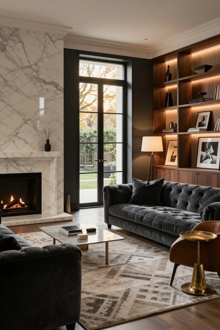 Living room with two dark grey tufted velvet sofas positioned near a white veined marble fireplace, wooden backlit shelving units, low marble coffee table, and black-framed doors to a garden.