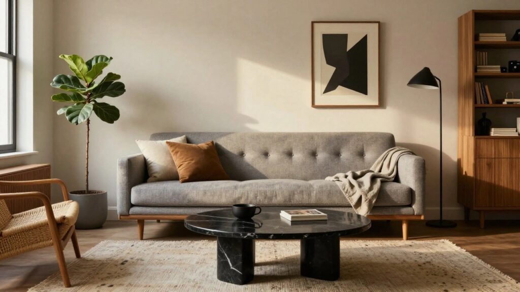 Light gray tufted three-seater sofa in a beige living room with oval black marble coffee table holding a black vase and white plate, neutral rug, fiddle leaf fig plant beside arc floor lamp, wooden credenza with books, rattan chair, and large abstract black and white wall art near window.