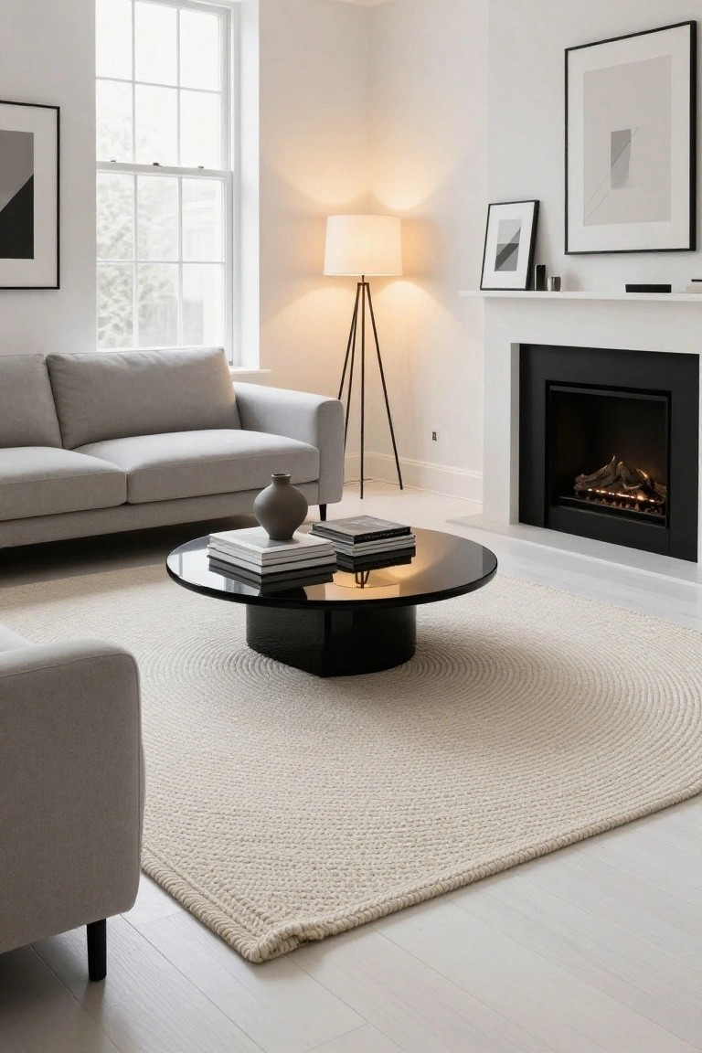 Modern living room interior with light gray L-shaped sofa, round glossy black coffee table topped with stacked books and gray vase on cream seagrass rug, black fireplace with gas logs burning, white tripod floor lamp, abstract black-framed artwork, and large sash windows overlooking greenery on white walls and light oak floors.