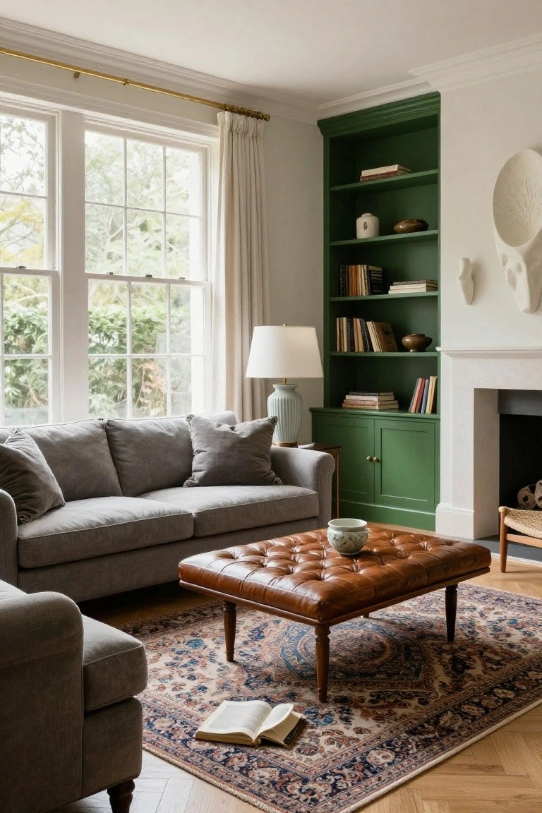 Living room with light gray sofa facing emerald green built-in bookcases and cabinets around a fireplace, brown leather tufted ottoman on Persian rug, large sash windows with white curtains, and parquet wood floor.