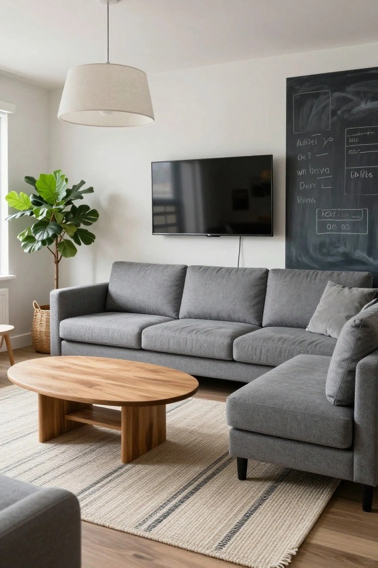 Modern living room with light grey L-shaped sectional sofa, oval wooden coffee table on striped rug, fiddle leaf fig plant in woven basket, wall-mounted TV, and chalkboard beside it.