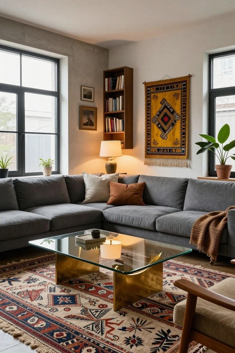 Living room corner with grey L-shaped sofa, glass-topped brass coffee table on patterned rug, bookshelves, yellow tapestry on wall, potted plants, and large windows.