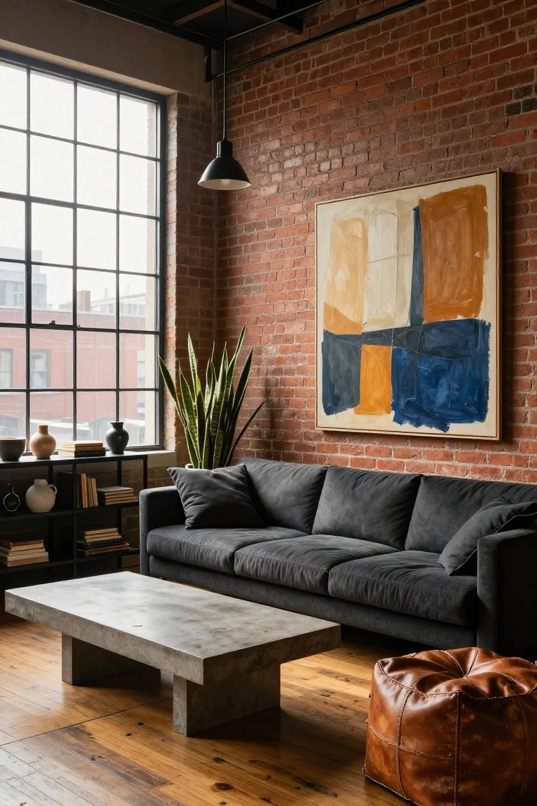 Modern living room with exposed brick walls, large grid windows, grey velvet L-shaped sofa, concrete coffee table, leather pouf, snake plant, ceramics, bookshelves, and abstract painting on the wall.