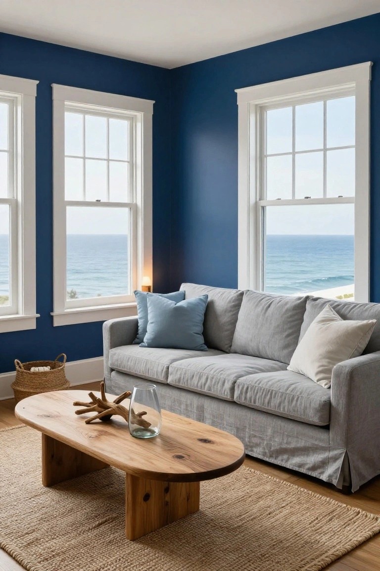 Corner living room with navy blue walls, light gray linen sofa with blue and white pillows, oval wooden coffee table holding driftwood and glass vase, seagrass basket, jute rug, and large white-framed windows overlooking the ocean.