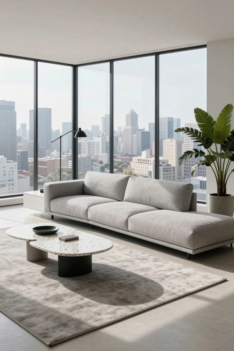 Modern living room with a large light gray L-shaped sofa positioned along floor-to-ceiling corner windows overlooking a city skyline, a round terrazzo coffee table on a neutral rug, a potted palm plant, and a floor lamp.