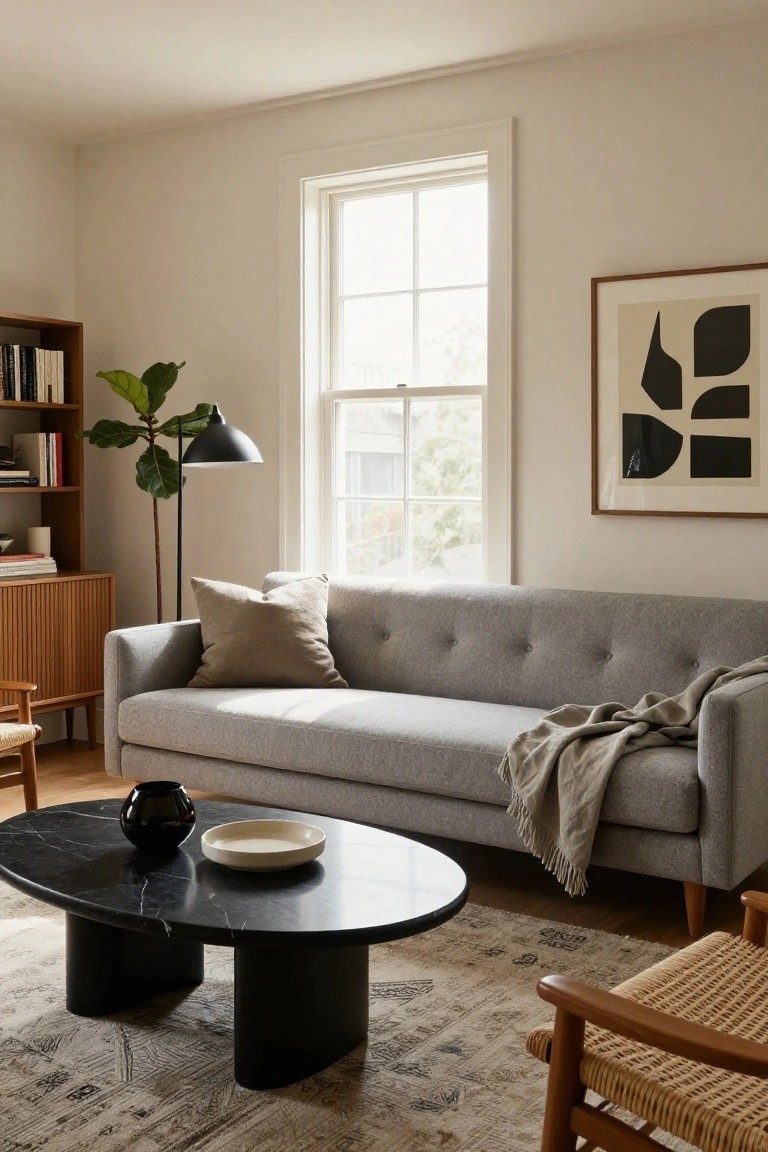 Light gray tufted three-seater sofa in a beige living room with oval black marble coffee table holding a black vase and white plate, neutral rug, fiddle leaf fig plant beside arc floor lamp, wooden credenza with books, rattan chair, and large abstract black and white wall art near window.
