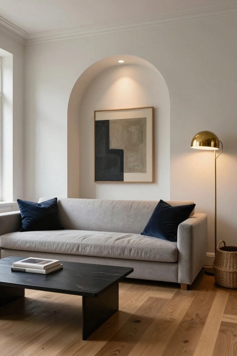 Light gray sofa with navy blue pillows on a low black marble coffee table in a white-walled living room with an arched niche displaying abstract art, gold floor lamp, seagrass basket, and oak wood floors.