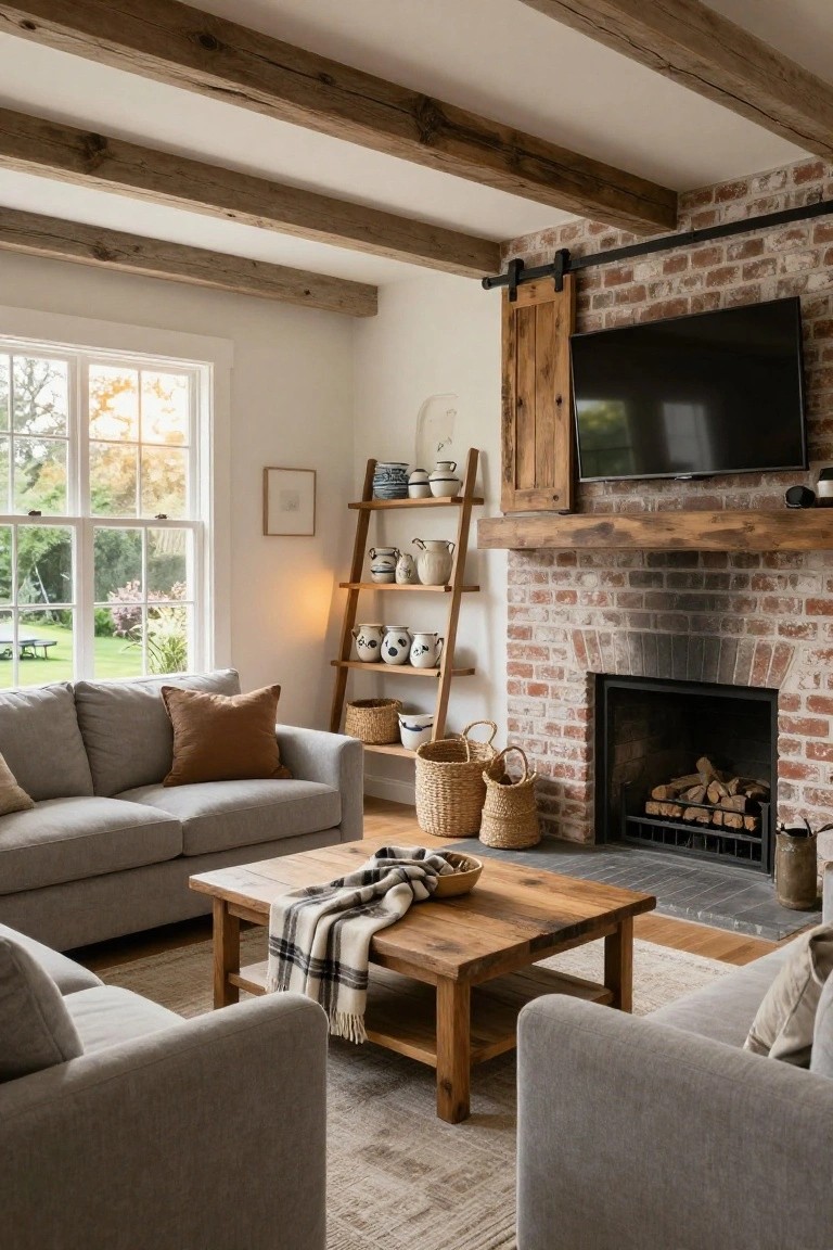 Living room with light gray L-shaped sofa, wooden coffee table with plaid throw, brick fireplace under mounted TV on wooden mantel, exposed wooden ceiling beams, ladder shelf with ceramics, wicker baskets, and large window viewing garden.