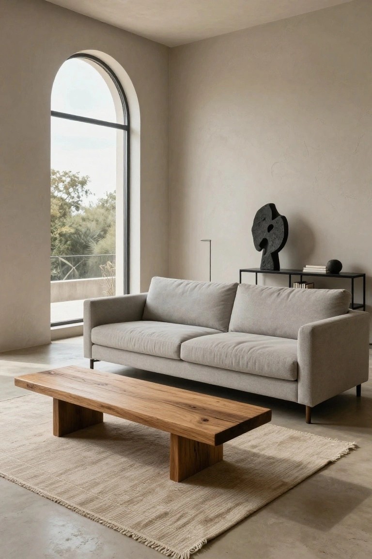 Beige living room with light grey sofa, low wooden coffee table on beige rug, black metal shelf holding sculpture and books, tall arched window with view of trees and balcony railing.