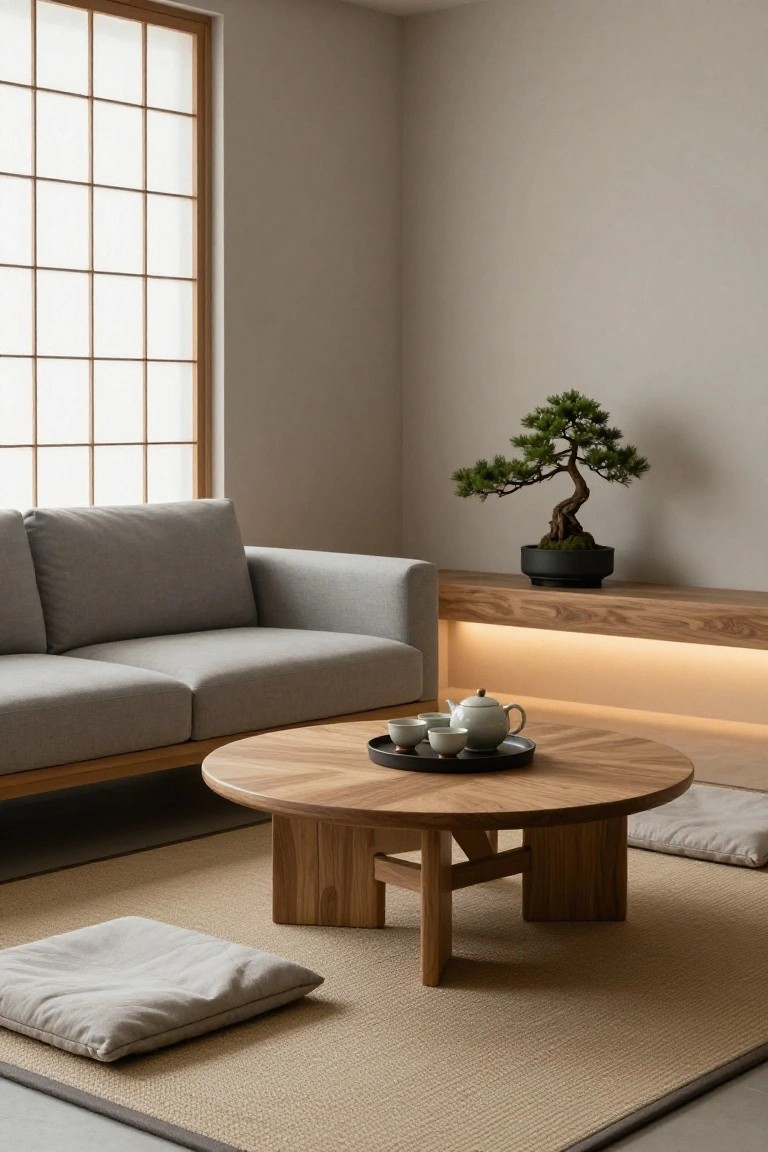 Light gray L-shaped sofa in a minimalist living room with shoji screen window, bonsai tree on wooden shelf with LED lighting, low round wooden coffee table holding white teapot and cups on tray, beige floor cushions on beige seagrass rug.